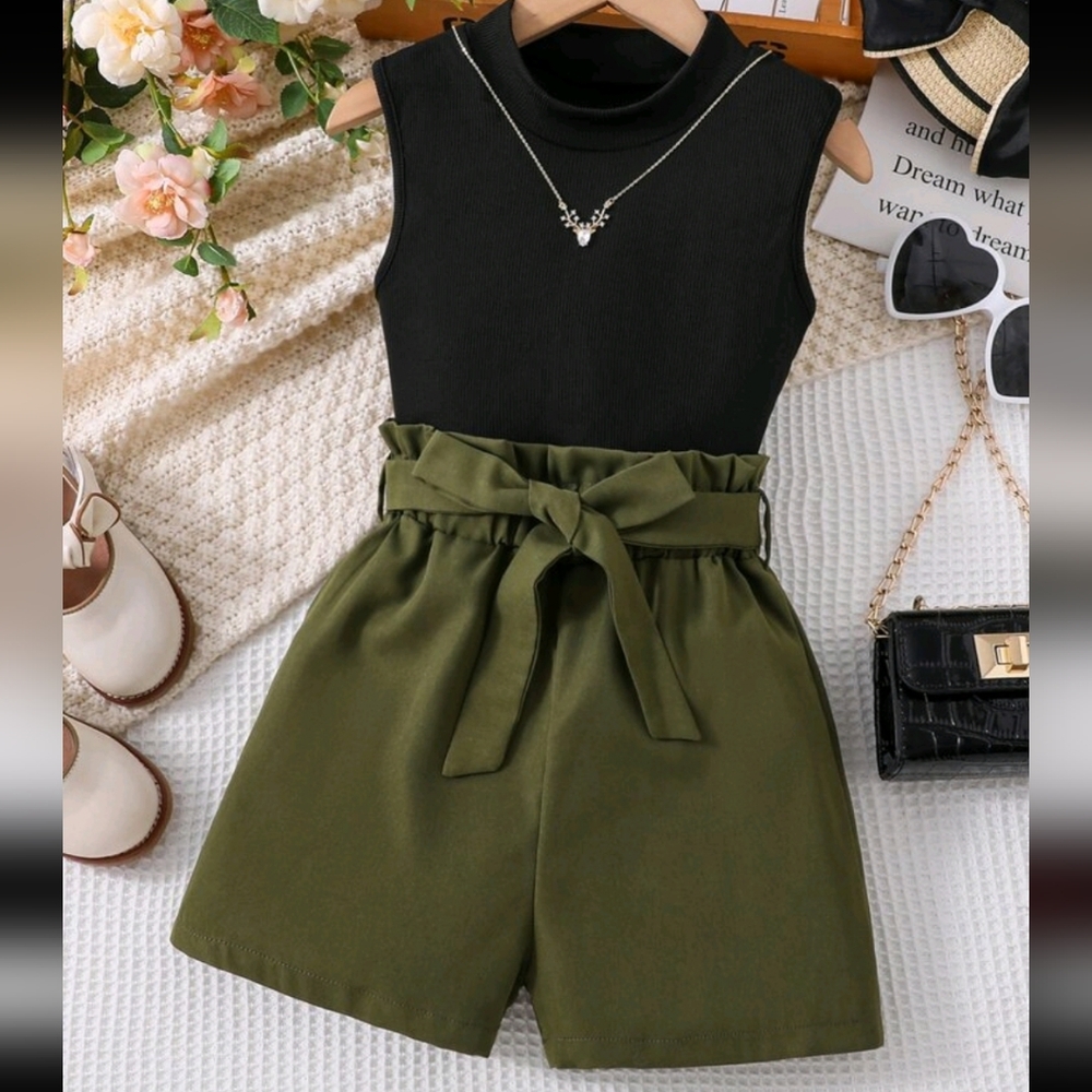 NWOT Mock Neck Tank & Paperbag waist belted shorts Tween girl